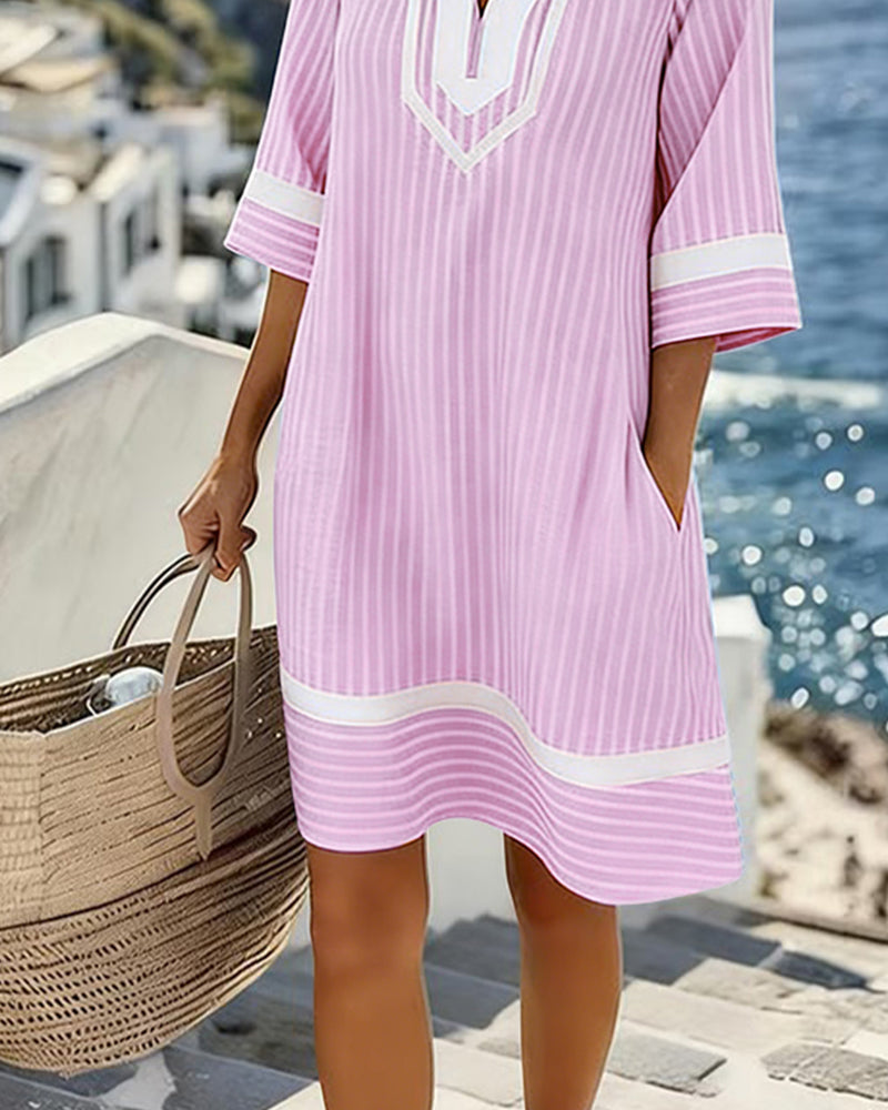 Robe Femme Col en V Manches Courtes Coupe Droite