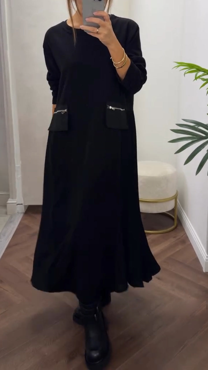 Robe Femme Tissu Confortable Plissée Col Rond Coupe Fluide Poches