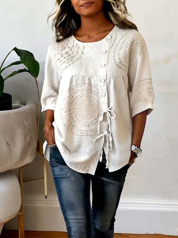 Chemise Femme Coton Imprimé Boutons Asymétriques Coupe Décontractée