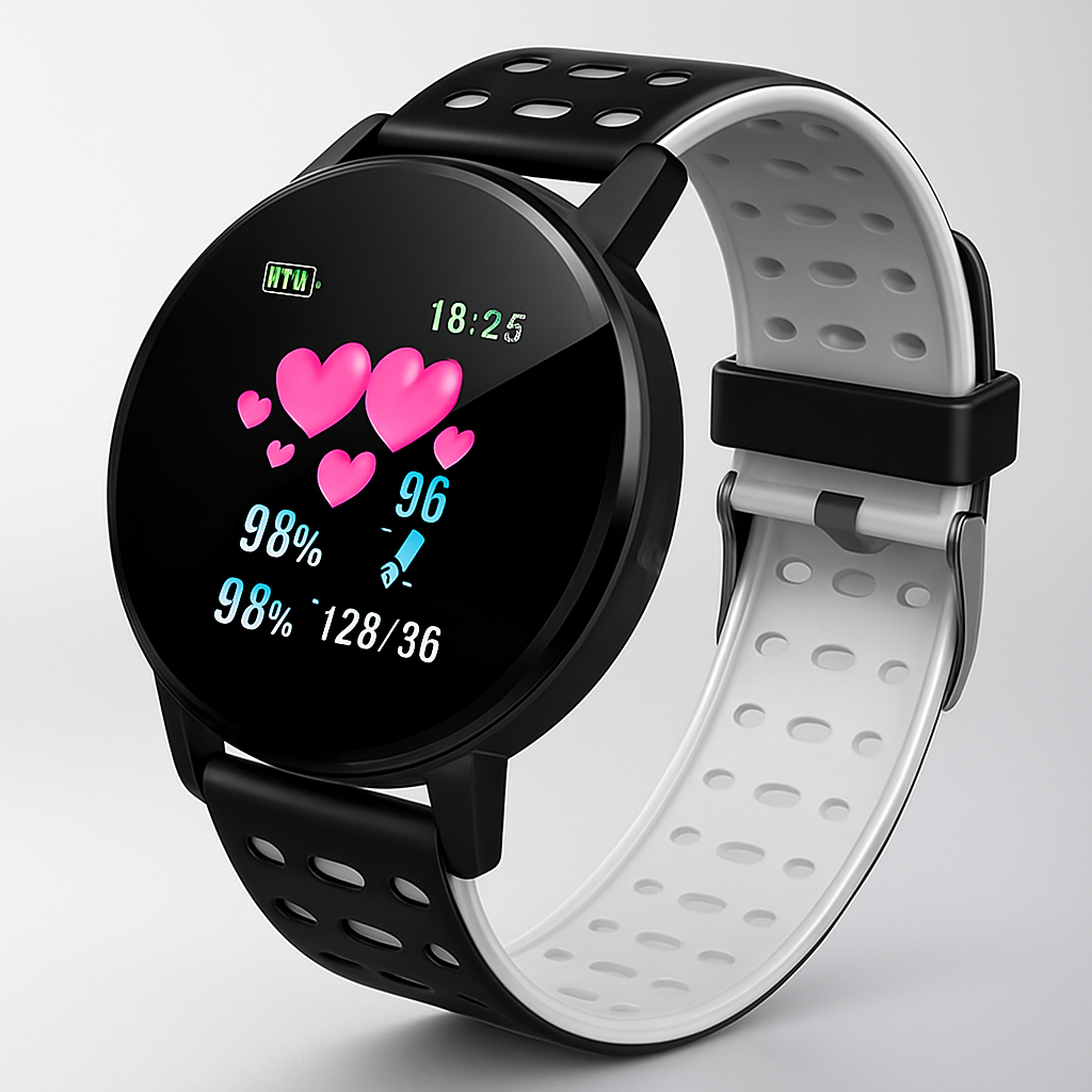 Montre Connectée Noir Écran Rond avec Bracelet Caoutchouc Souple