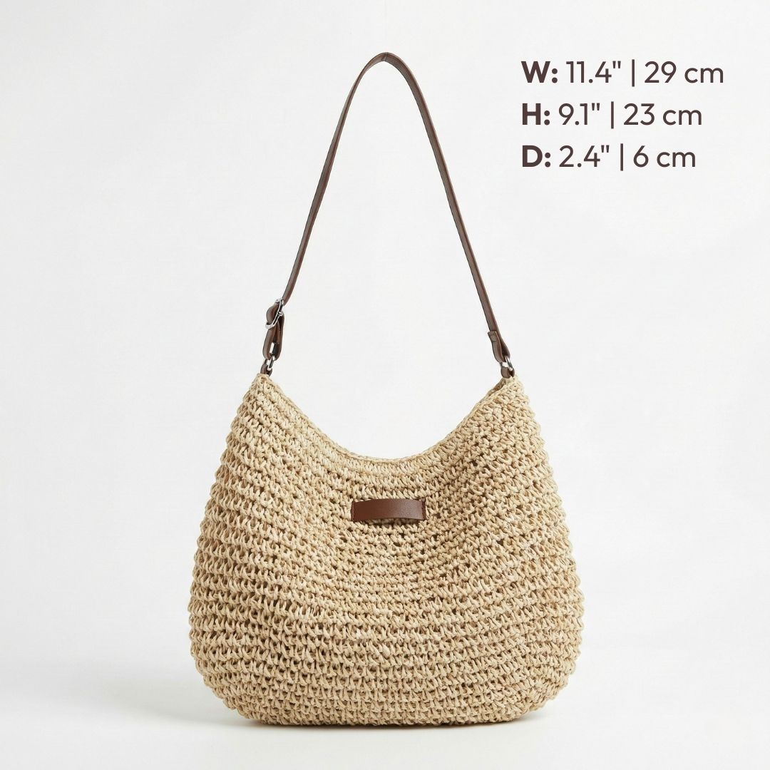 Sac à main Femme Raphia tressé Cuir Bandoulière Demi-lune Boho