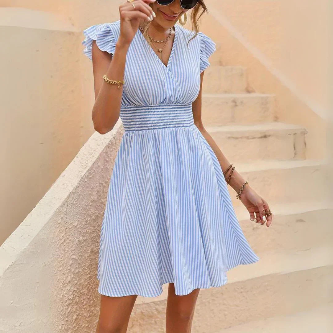 Robe Été Rayée pour Femme avec Manches Bouffantes et Dentelle