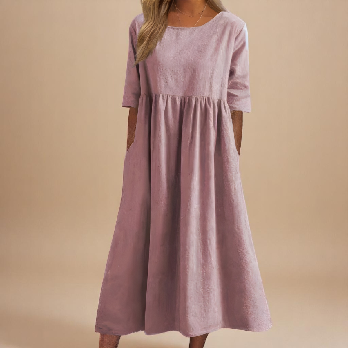 Robe Longue Femme Coton Coupe Ample Col Rond Poches