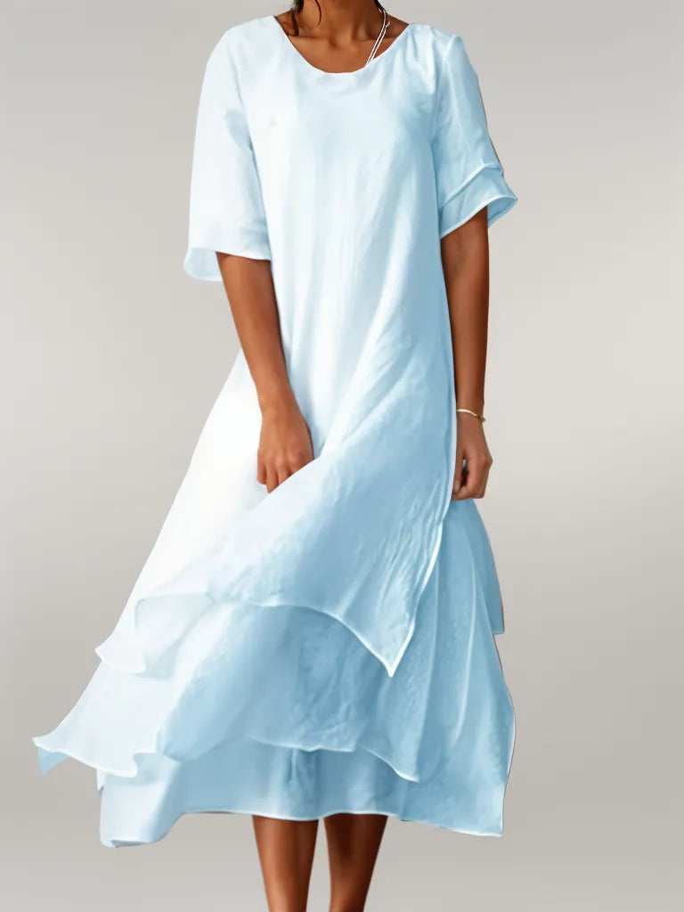 Robe Longue Femme Coton Fluide Col Rond Manches Courtes
