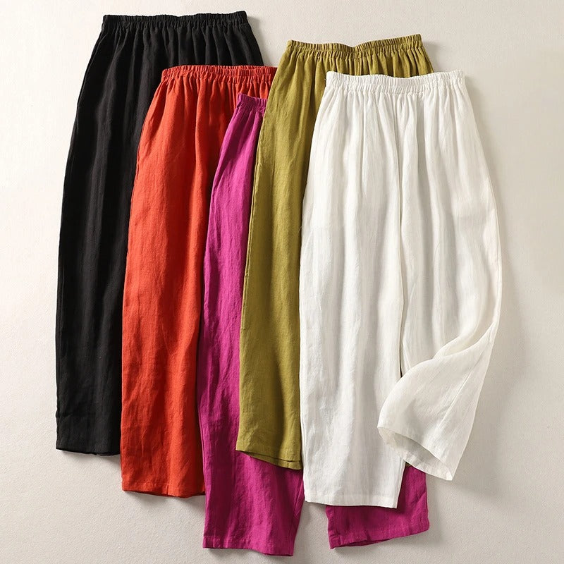 Pantalon Large Femme Coton Lin Taille Élastique