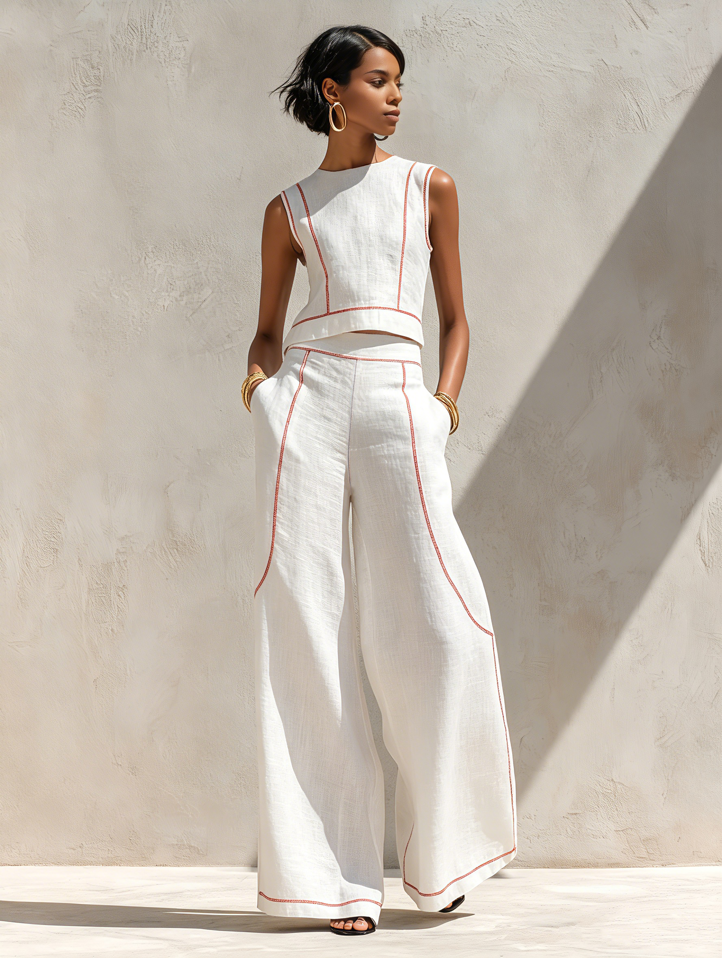 Ensemble Femme Deux Pièces Coton Coutures Contrastées