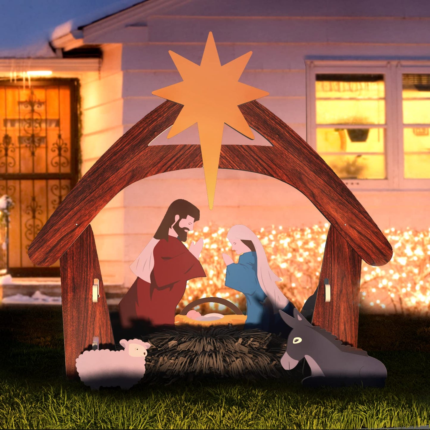 Crèche de Noël en Bois Blanc avec Étoiles Décoratives