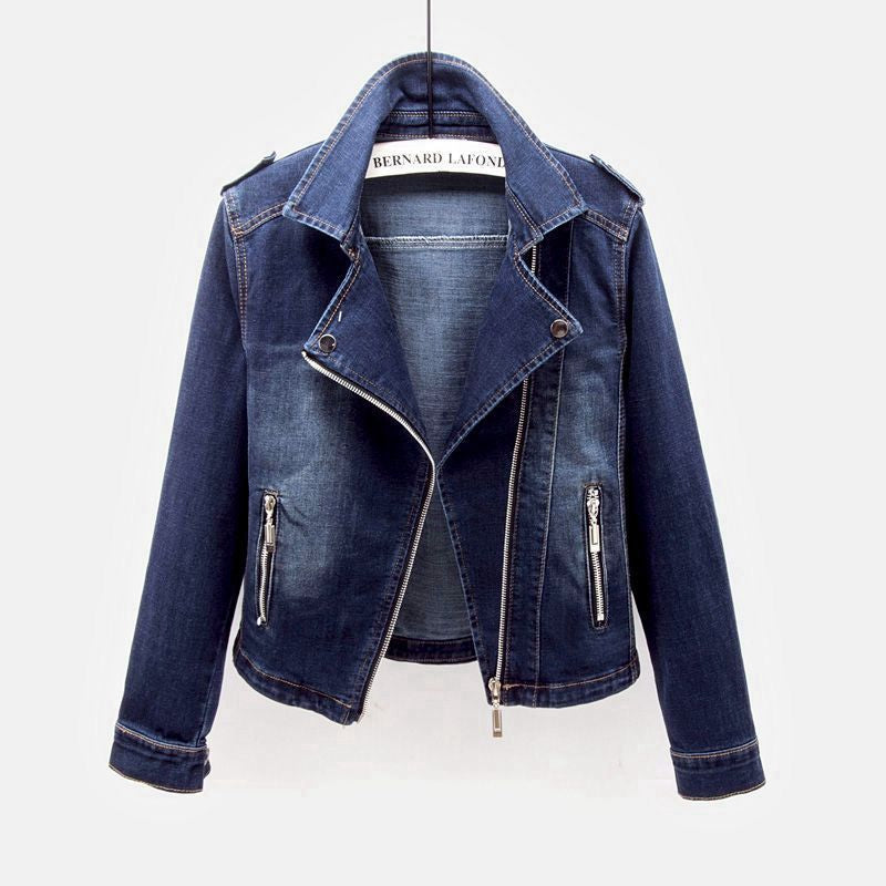 Veste Jean Femme Découpure Élégante avec Fermeture Éclair