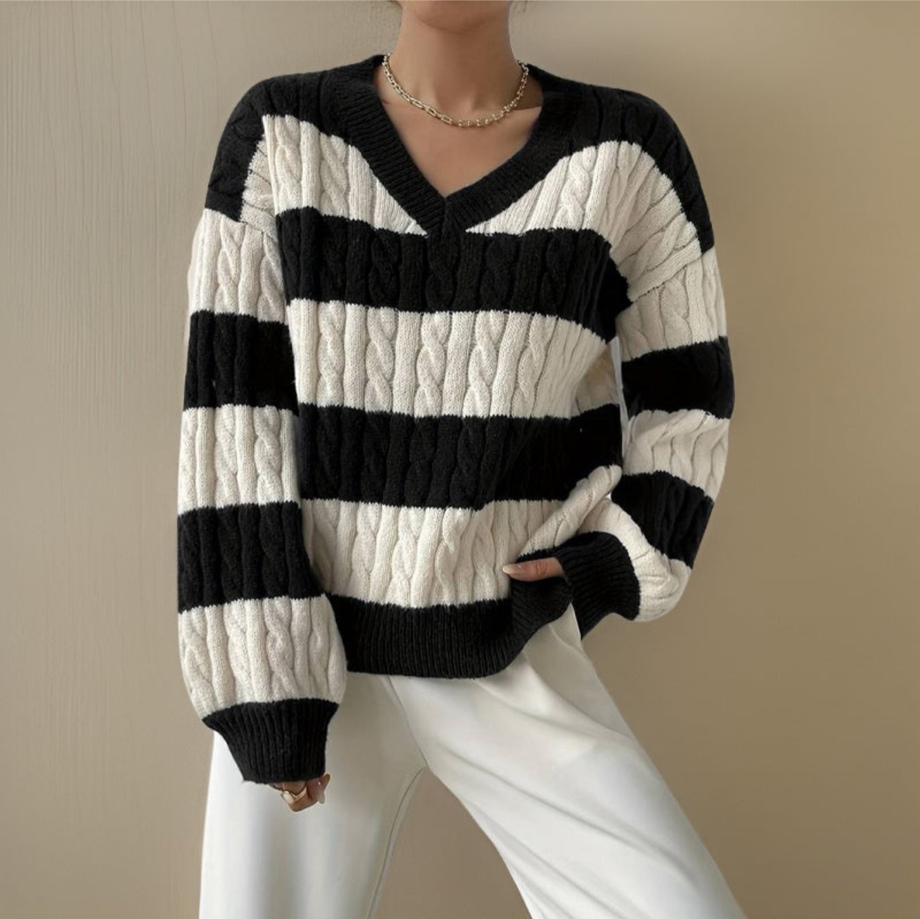 Pull Femme Chic Manches Longues Noir Blanc - PanierRoyale