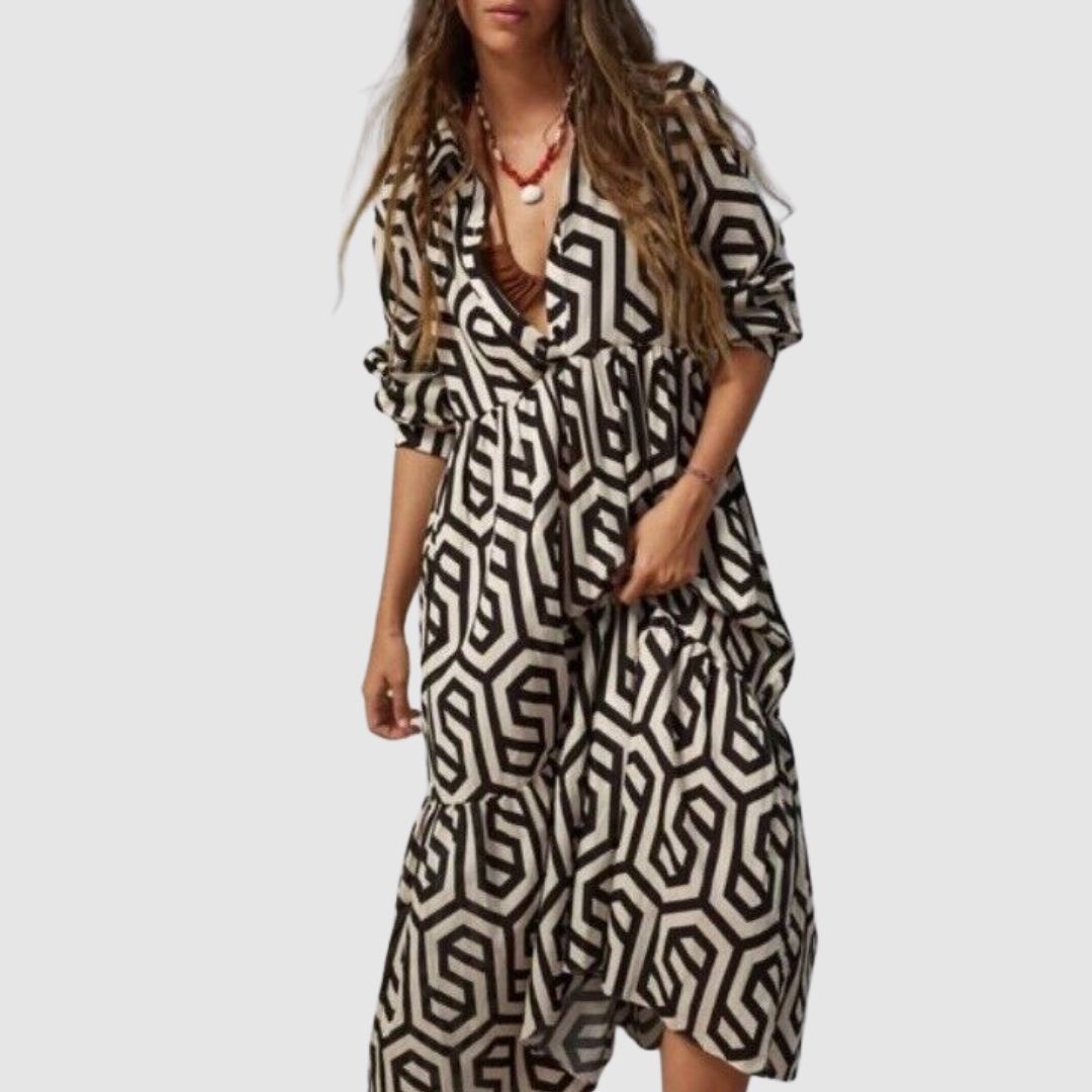 Viélia™ – Robe Longue Femme Élégante à Manches Longues Design Géométrique-3