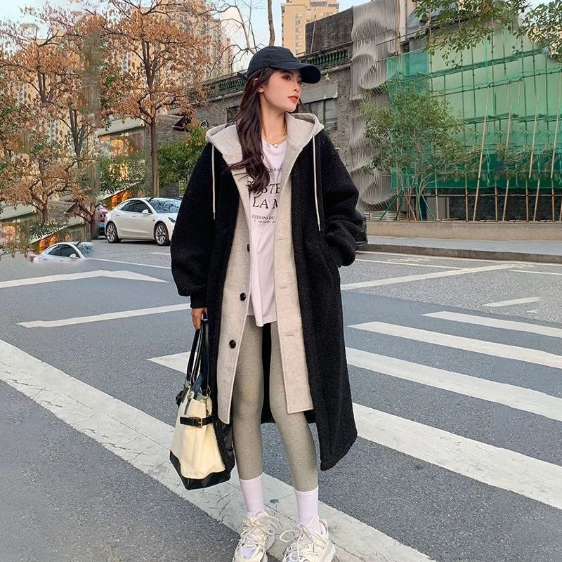Manteau Femme Laine Gris Foncé et Noir Matelassé