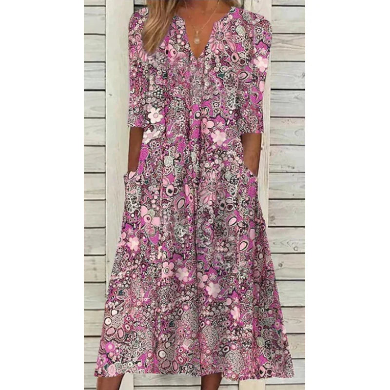 Robe Été Fleurs Manches Courtes avec Poches