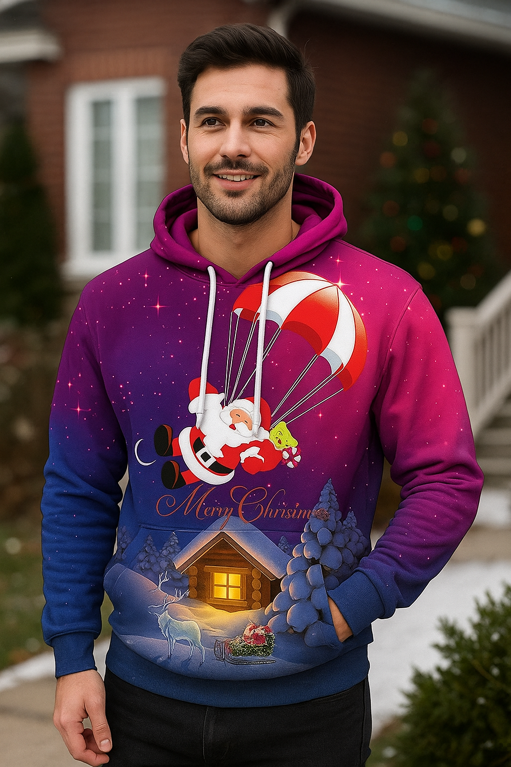 Pull d'Hiver Homme – Sweat à Capuche avec Manches Longues et Imprimé Hiver