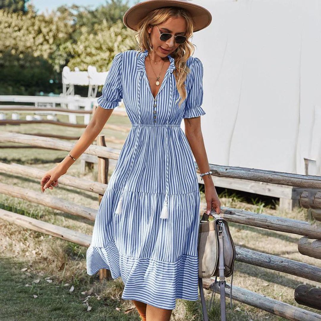 Elena™ – Robe Midi Femme Élégante avec Détails de Pompons et Rayures-1