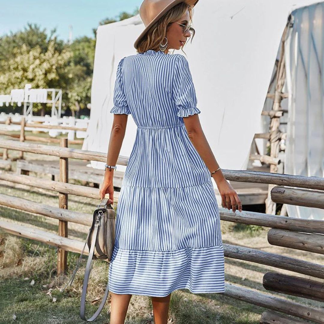 Elena™ – Robe Midi Femme Élégante avec Détails de Pompons et Rayures-3