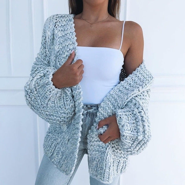 Gilet femme chaud hiver en tricot beige manches longues