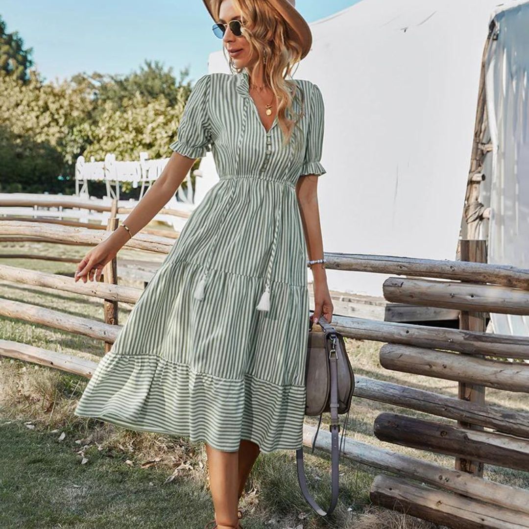 Elena™ – Robe Midi Femme Élégante avec Détails de Pompons et Rayures-4