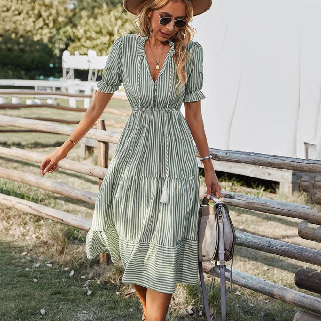 Elena™ – Robe Midi Femme Élégante avec Détails de Pompons et Rayures-5