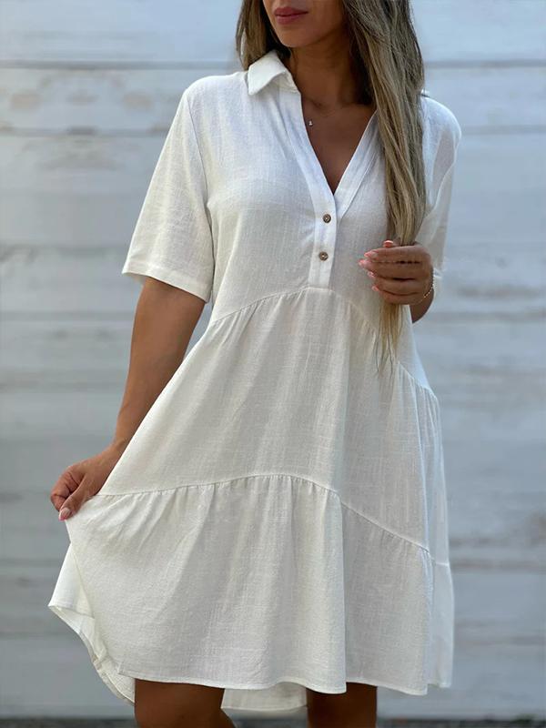 Robe Courte Femme Lin Coton Coupe Ample Col V Boutonnée