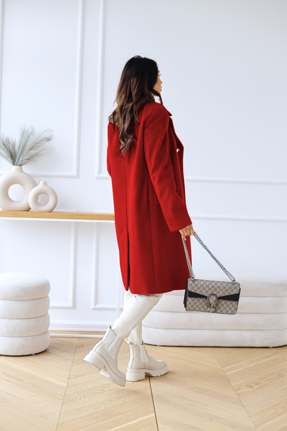 Manteau Long Femme Laine Mélangée Boutons Coupe Élégante