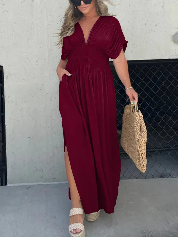 Robe Longue Femme Élégante en Soie Legère Col en V