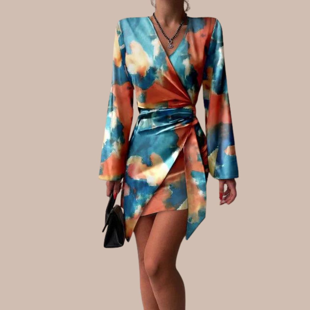 Robe Femme Imprimée Élégante - Décolleté Plongeant, Manches Longues Féminines