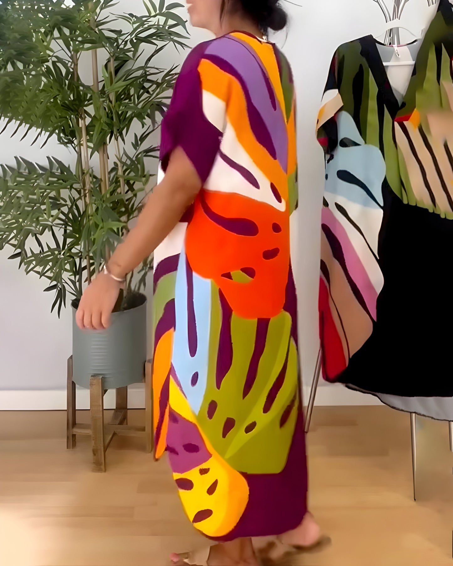 Robe Femme Imprimé Feuillage Coupe Ample Col V