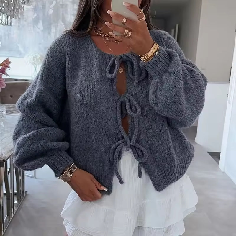 Cardigan Femme Élégant Col Rond Manches Longues
