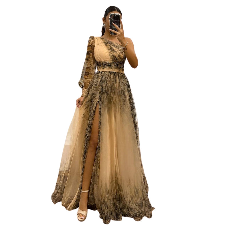 Robe Soirée Une Épaule Manches Longues avec Fente