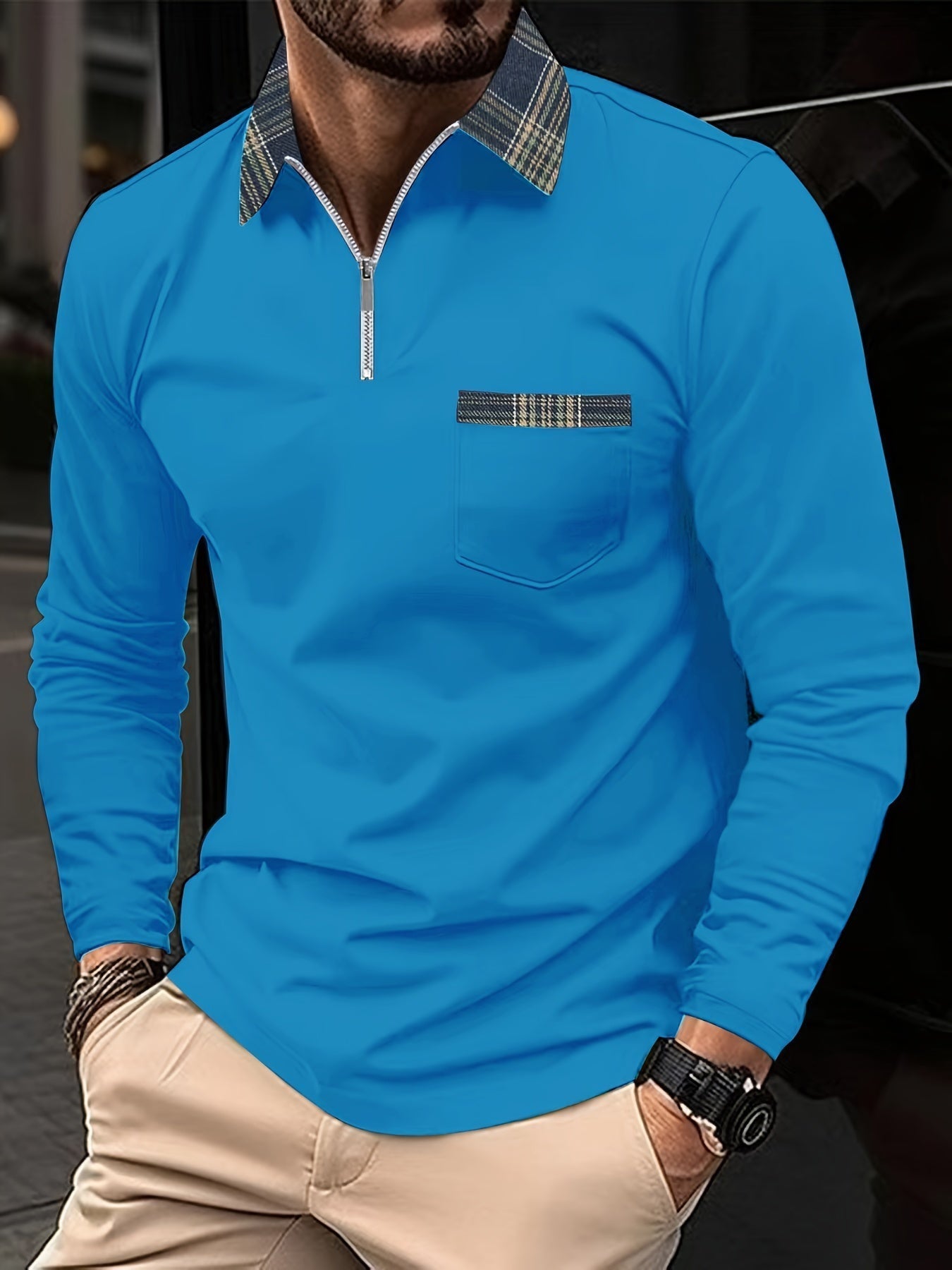 Polo Homme Manches Longues Motif Écossais Classique