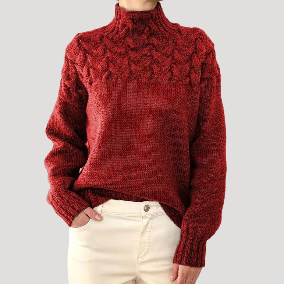 Pull Femme Tricoté Col Montant avec Dentelle et Zopfs
