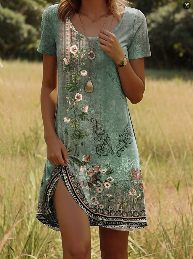 Robe Courte Femme Imprimé Ethnique Coupe Légère Manches Courtes