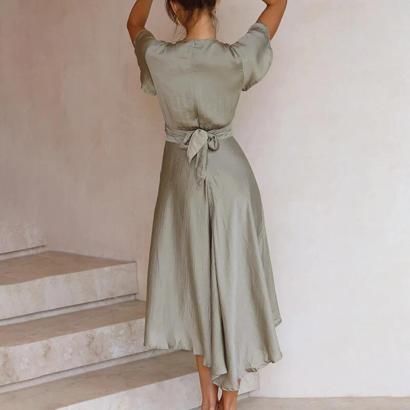 Natalia™ – Robe Midi Femme Chic avec Lien à l'Avant et Volants Rose-5