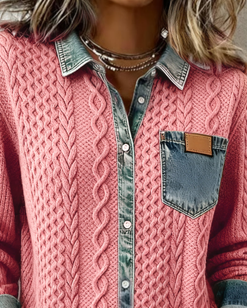 Chemise Femme Maille Torsadée Détails Denim Coupe Confortable
