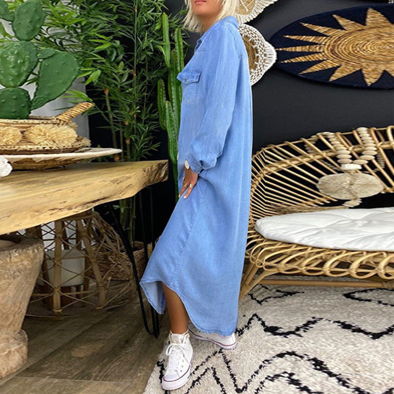 Robe Chemise Femme Tissu Léger Effet Denim Coupe Fluide