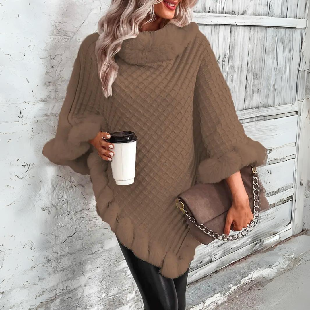 Poncho Tricoté Chaud et Doux en Beige avec Peluche