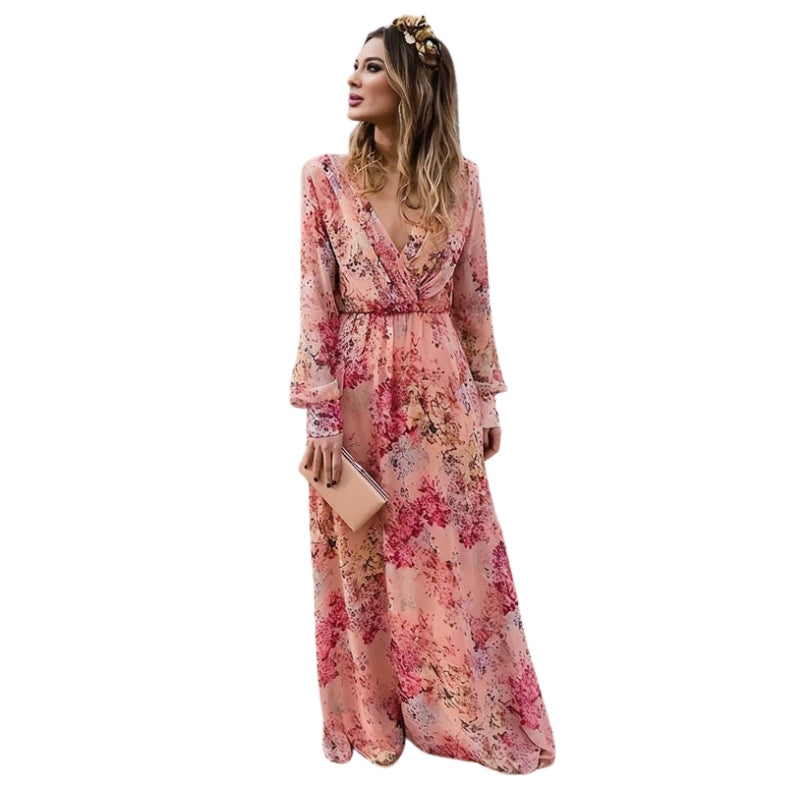 Robe Cocktail Fleurs Manches Longues Décolleté Plongeant - PanierRoyale