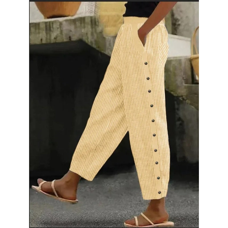 Pantalon Féminin Décontracté avec Boutons et Taille Élégante