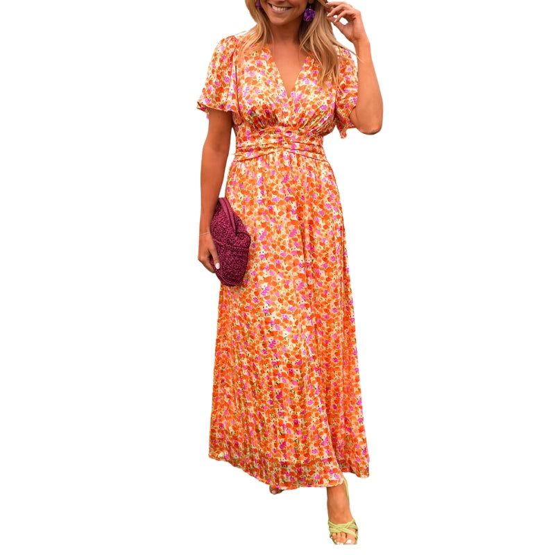 Robe Été Florale Manches Courtes Décolleté Plongeant