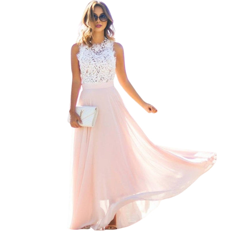 Robe de Soirée Longue en Dentelle sans Manches Col Rond - PanierRoyale