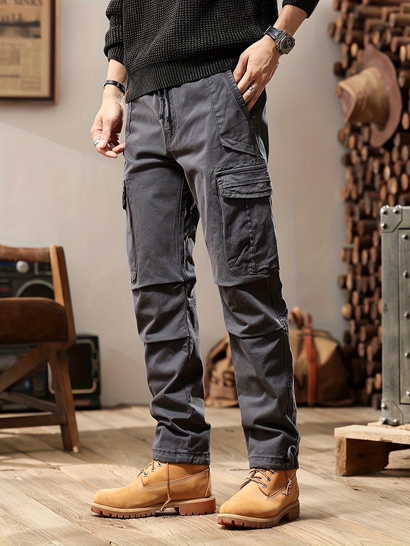 Pantalon Cargo Homme Slim avec Poches Nombreuses et Tissu Résistant
