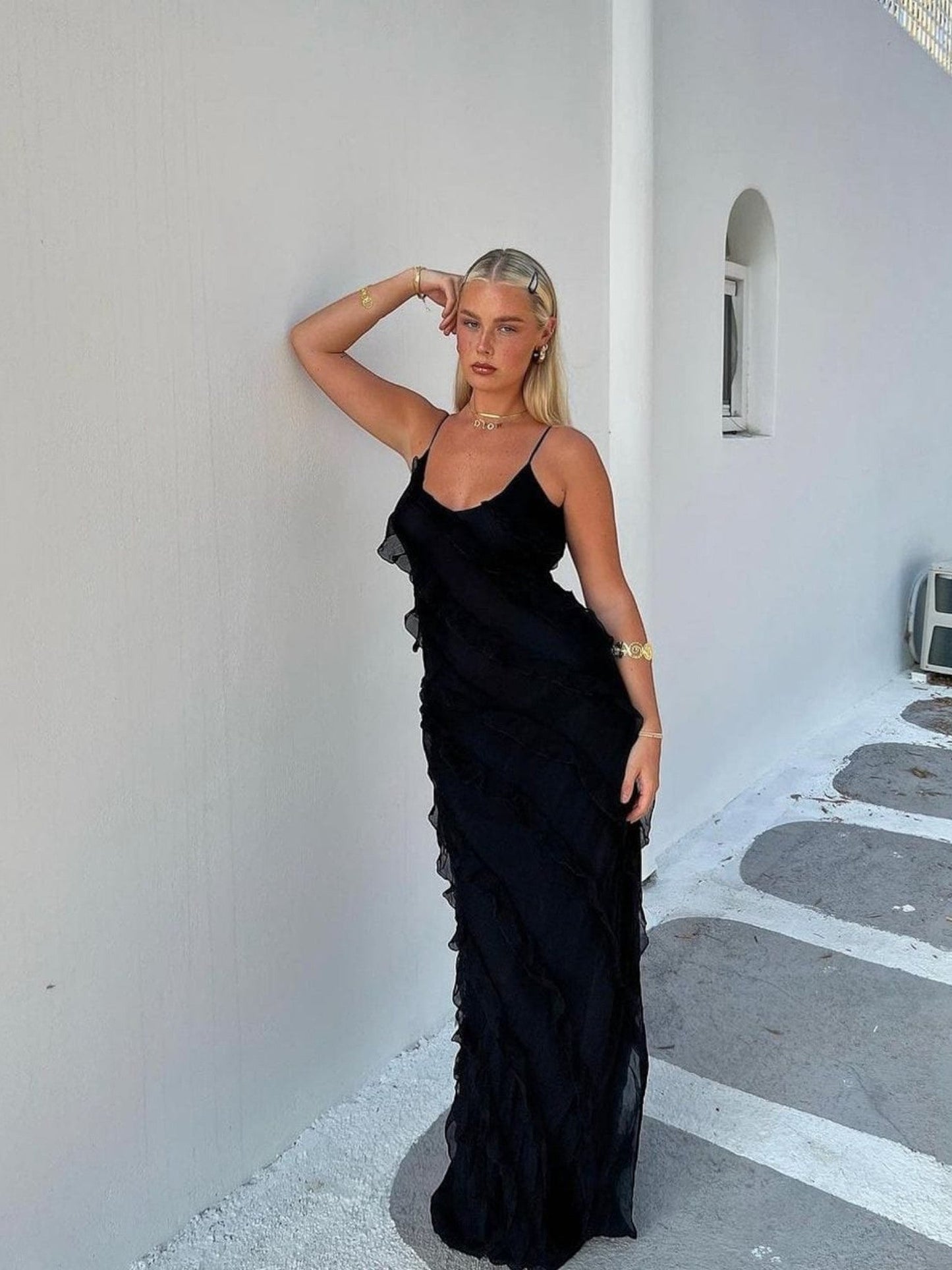 Robe Maxi Sans Manches Pour Femmes à Volants Élégante