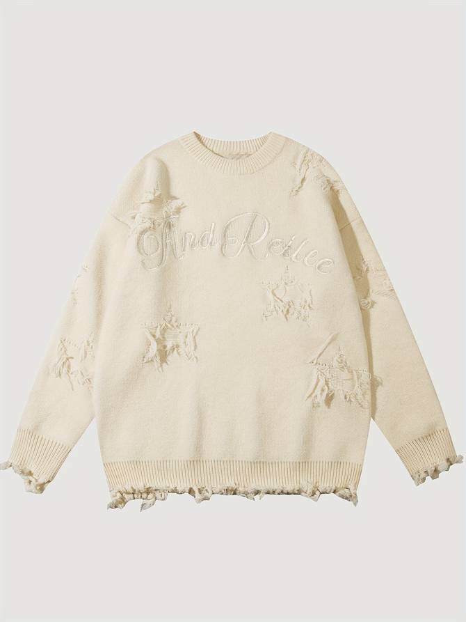 Pull en laine mérinos beige décontracté avec broderie - PanierRoyale