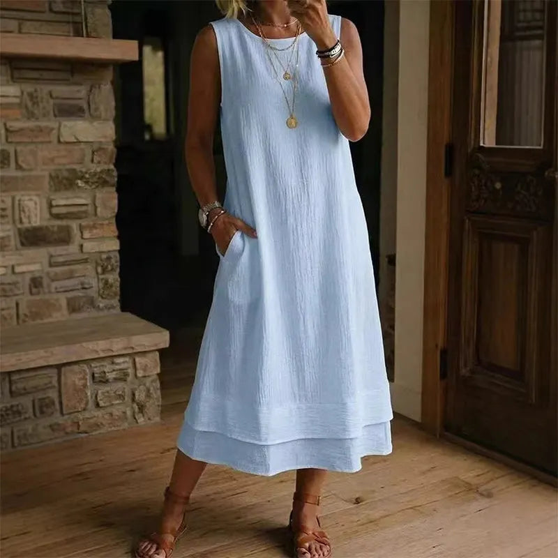 Robe midi Femme Sans Manches Volants Coupe Aline