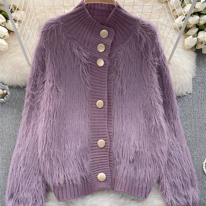 Cardigan en Maille Doux avec Col Rond et Boutons