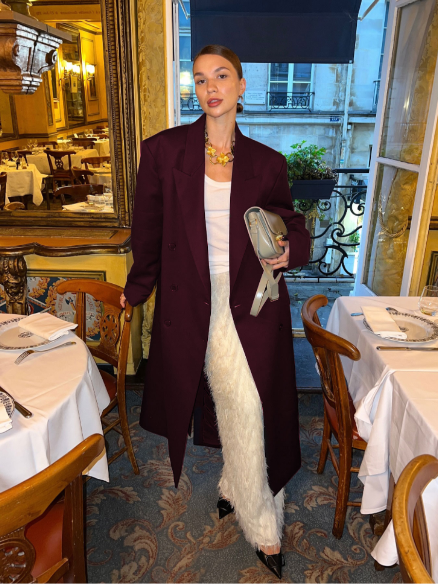 Manteau Femme Laine Rouge Bourgogne Élégant