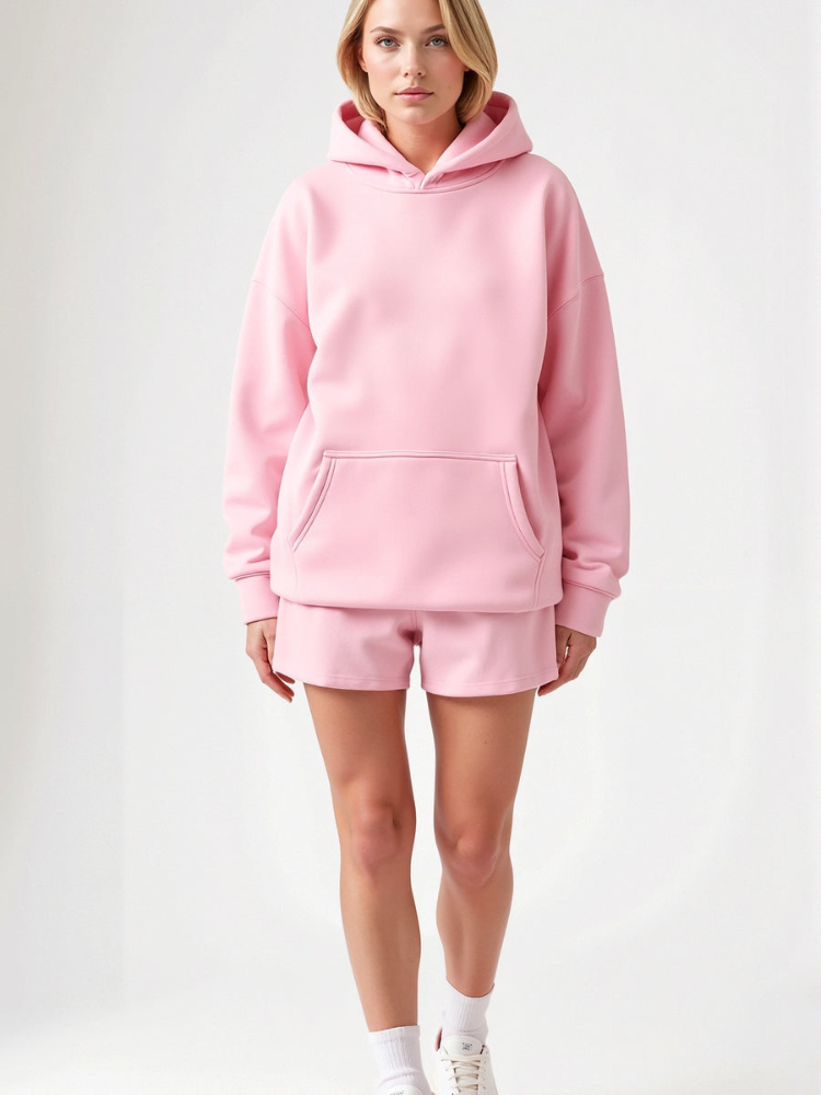 Sweat à Capuche Doux avec Poches et Short Élastique