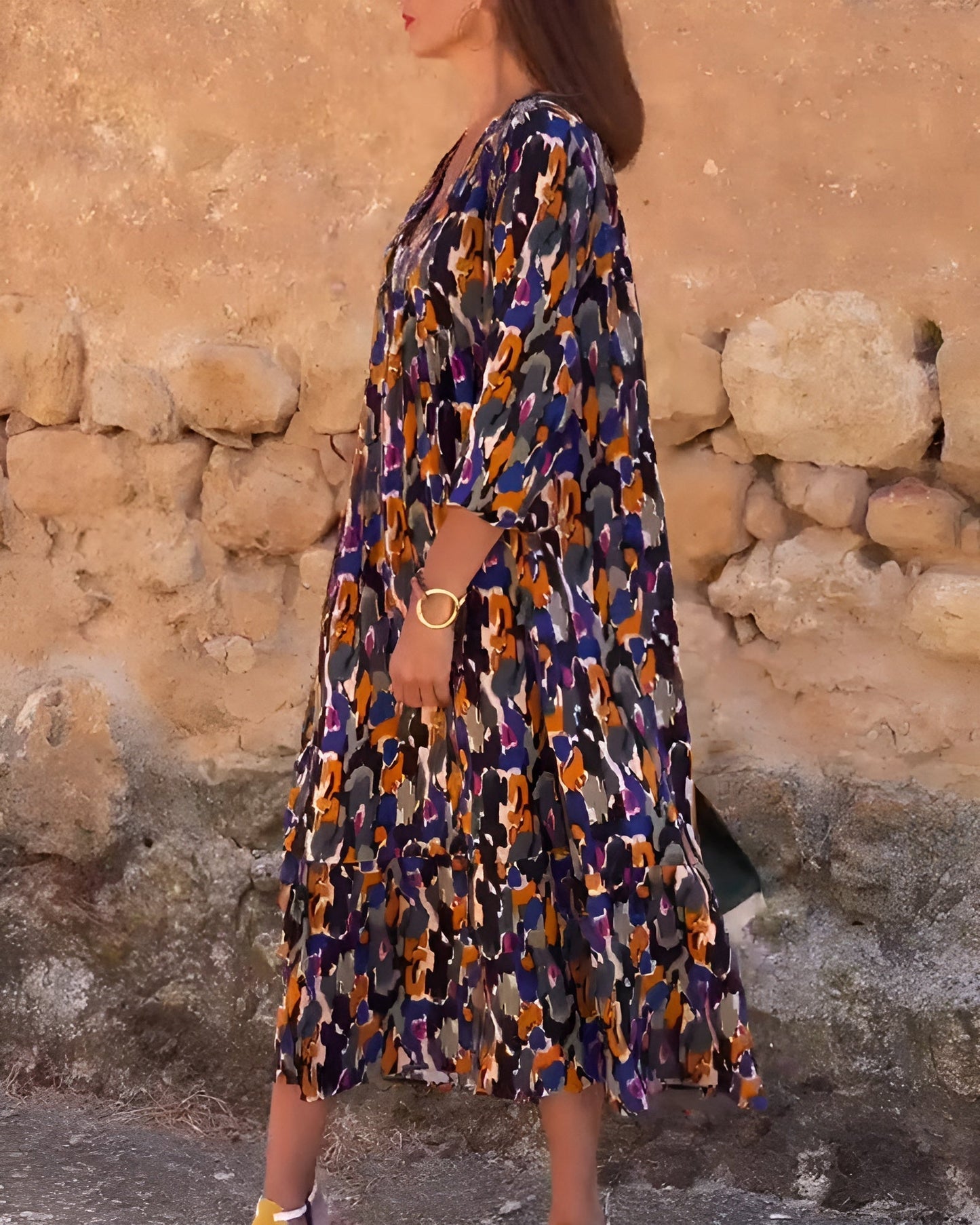 Robe Femme Tissu Léger Col en V Coupe Fluide Style Rétro