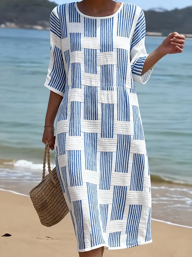 Robe Femme Coton Lin Manches Mi-Longues Coupe Décontractée - PanierRoyale