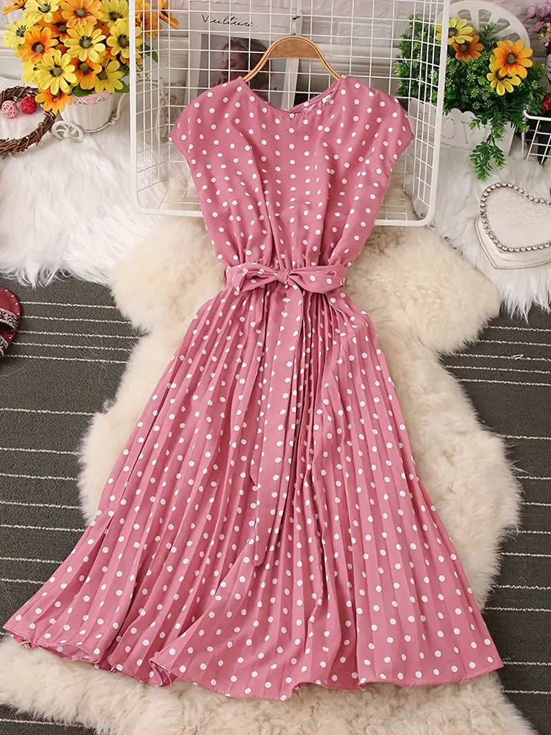 Robe Plissée Élégante pour Femme - Motif Pois Classique et Coupe Flatteuse
